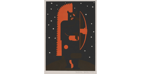 A color print in red and black of a humanoid figure with horns holding a bow and arrow surrounded by white stars.