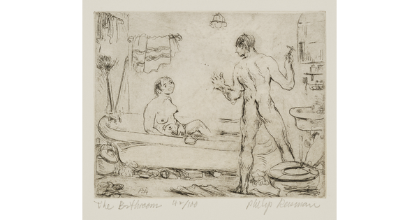 A black-and-white print of a messy bathroom with a nude female in the bathtub and a nude male standing by the toilet shaving.<br />