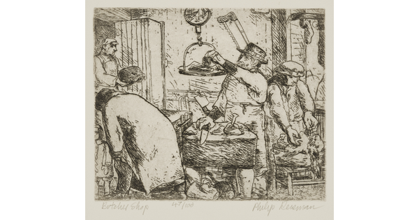 A black-and-white print of people doing various jobs - cutting, weighing, plucking - in a butcher shop.<br />