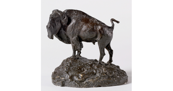 A brown sculpture of a bison standing on a slightly rocky incline.