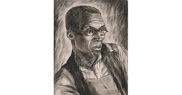 A black ink portrait drawing of the head and shoulders of a Black man with short hair wearing round glasses.
