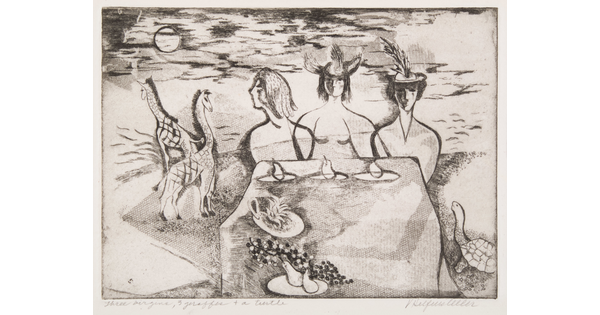 A black-and-white print of three women, two wearing hats, sitting side-by-side at a table with a turtle to the right and giraffes to the left. 
