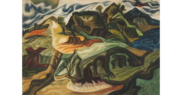 An abstract watercolor landscape of a mountainous terrain with some trees, mostly painted in blue, green, and yellow.
