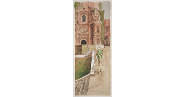 A tall, narrow watercolor of a figure mopping an outdoor terrace in front of a large church.