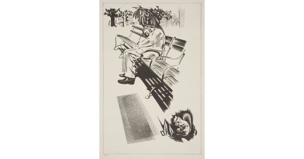 A black-and-white print of a man sleeping on a park bench, as a squirrel sits on the ground nearby.