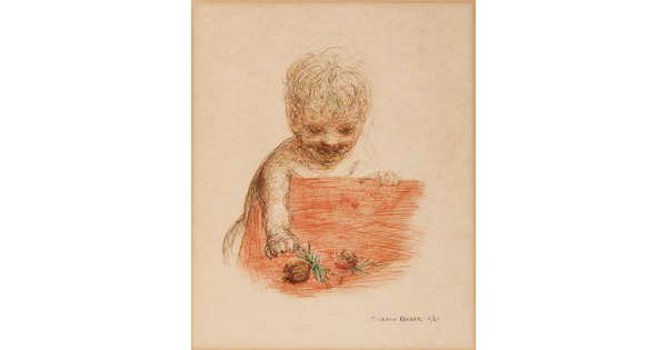 A sketch of a White child with blond hair leaning over a red table to grab a strawberry.