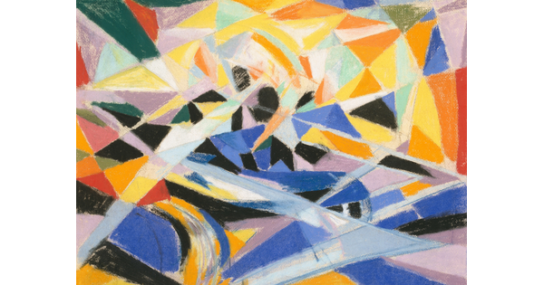 A brightly colored pastel of various, abstract, angular shapes.