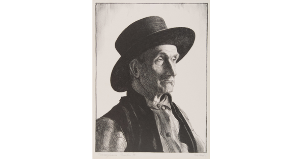 A black-and-white print of an older White man with sunken eyes, wearing a wideawake hat, and a vest over a collared shirt.