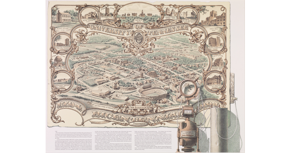 A color print of a bird's eye view of a university campus surrounded by ornamental vignettes of buildings.