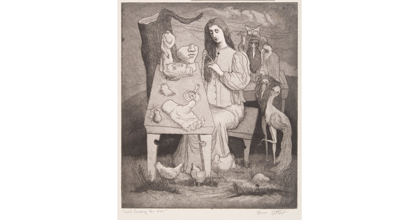 A black-and-white print of woman surrounded by birds, combing her hair at table cluttered with sculptures of body parts.