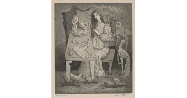 A black-and-white print of woman surrounded by birds, combing her hair at table cluttered with sculptures of body parts.