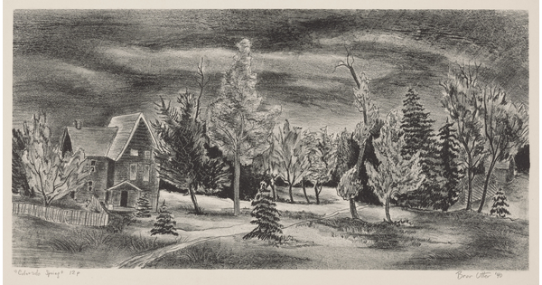 A black-and-white print of a three-story clapboard house and picket fence in a densely wooded landscape under a heavy sky.