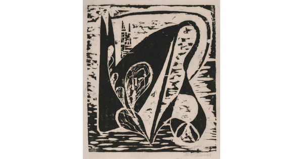 An abstract black-and-white print of plant-like shapes stretching and bending over chunky, black shapes.
