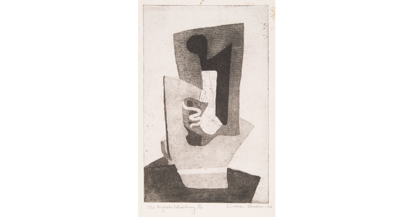 An abstract black-and-white print of white and gray organic shapes fitted together to create a shadowed keyhole shape.
