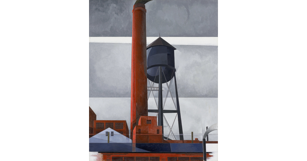 An oil painting of a red, industrial chimney and gray water tower above factory buildings.