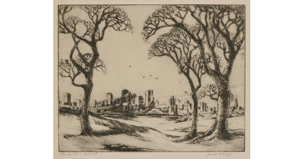 A black-and-white print of a city skyline in the distance framed by three trees in the foreground.<br />