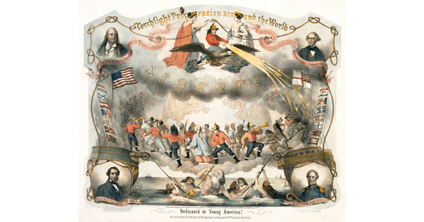 A color print of multiple historical mythological scenes in the center over the words "Dedicated to Young America" with portraits of four famous White men in the corners.