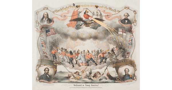 A color print of multiple historical mythological scenes in the center over the words "Dedicated to Young America" with portraits of four famous White men in the corners.