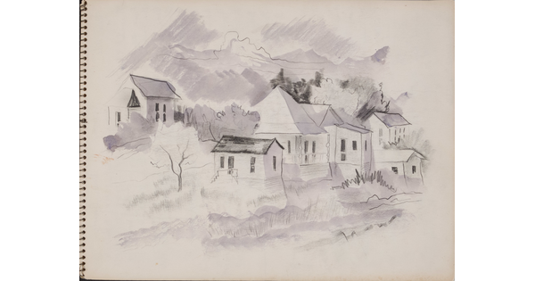 A black-and-white watercolor in a spiral sketchbook of six houses built into the side of a hill.