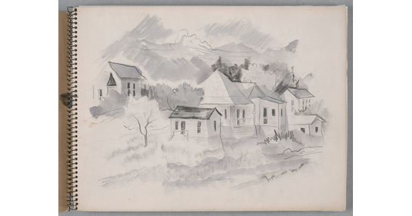 A black-and-white watercolor in a spiral sketchbook of six houses built into the side of a hill.