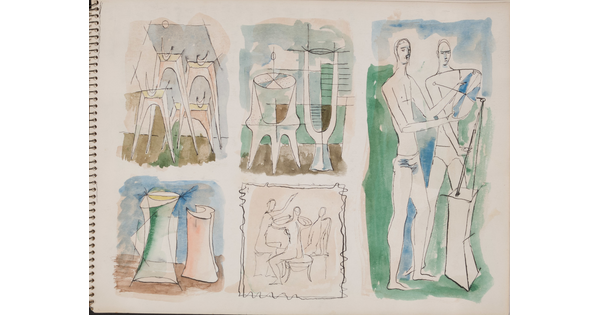 A group of five separate watercolor studies, three still-life and two figure drawings, on a page of a bound sketchbook.