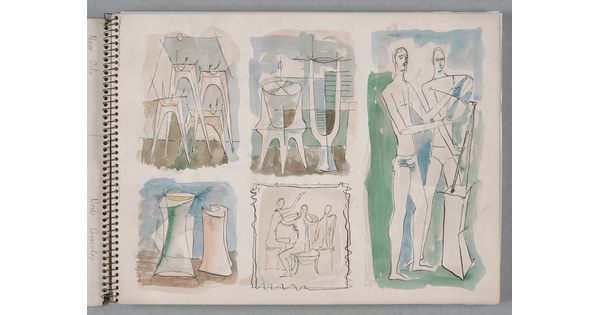 A group of five separate watercolor studies, three still-life and two figure drawings, on a page of a bound sketchbook.