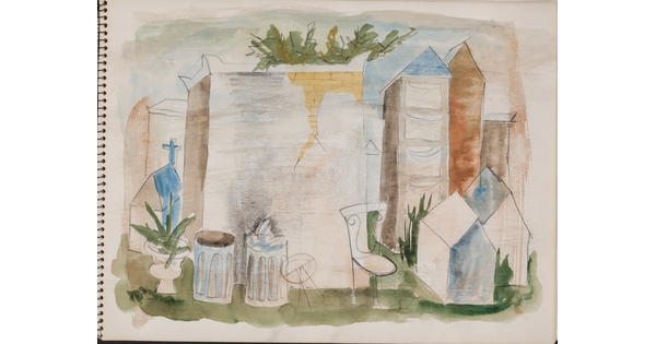 A watercolor drawing of a neighborhood street, including buildings, a chair, garbage cans, and a potted plant, on a page of a bound sketchbook.