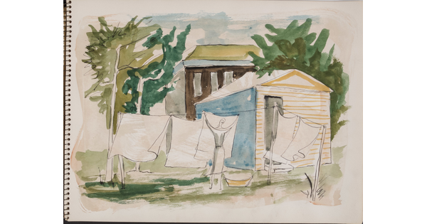 A watercolor drawing of a woman hanging laundry behind a small building on a page of a bound sketchbook.