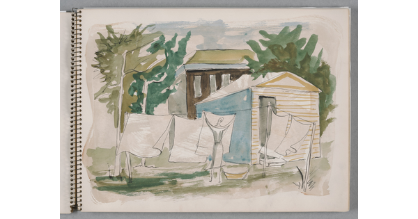 A watercolor drawing of a woman hanging laundry behind a small building on a page of a bound sketchbook.
