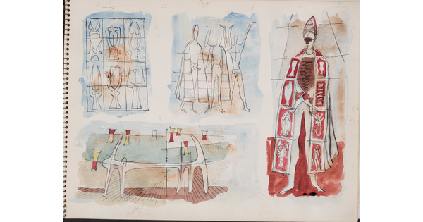 A group of four separate watercolor studies, two abstract and two depicting human figures, on a page of a bound sketchbook.