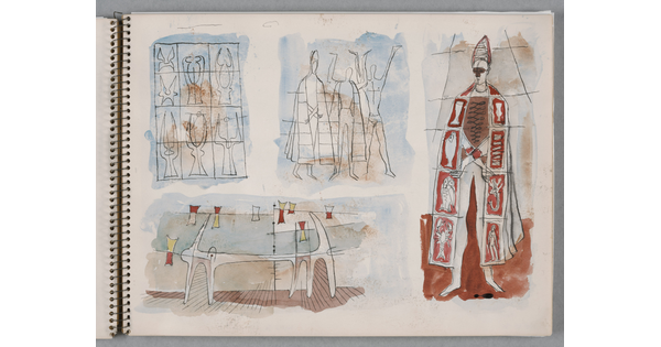 A group of four separate watercolor studies, two abstract and two depicting human figures, on a page of a bound sketchbook.
