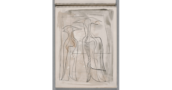 A watercolor drawing of two abstracted, bird-like figures on a page of a bound sketchbook.
