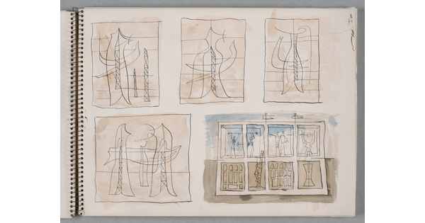 A group of five separate watercolor studies, four of abstract figures and one a cross-section of a building, on a page of a bound sketchbook.
