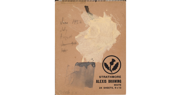 A brown spiral sketchbook dated with the months and year and covered with dark gray and white blotches. 