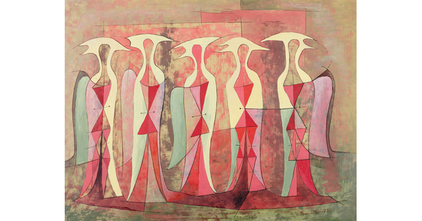 An abstract oil painting of five bird-like figures in reds, yellows, and greens standing side-by-side in landscape orientation.