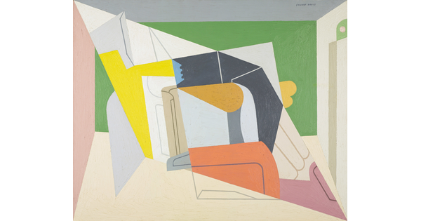 An abstract oil painting of an eggbeater, a glove, and a fan flattened into geometric shapes.