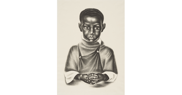 A black-and-white print of a Black child with short hair wearing a loose high-necked shirt under overalls, his hands linked in front of him.