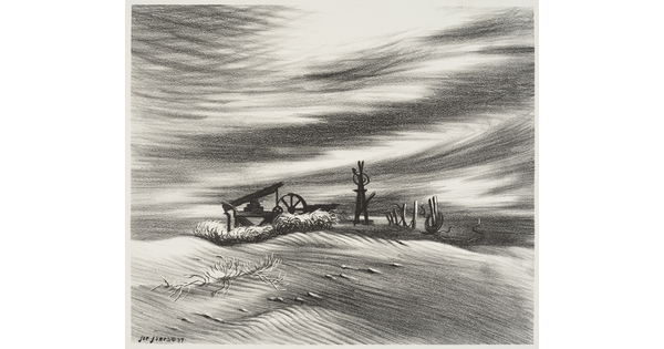 A black-and-white print of a bare field with abandoned farm equipment and dusty, windy skies.