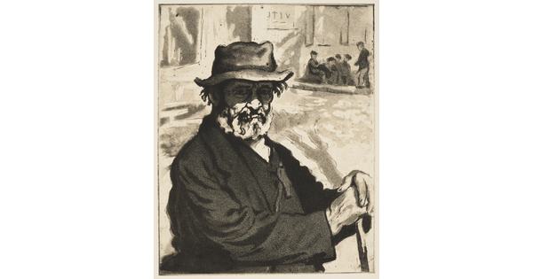 A black-and-white print of an older man with a beard wearing a crinkled fedora and overcoat; his hands rest on a cane in front of him.