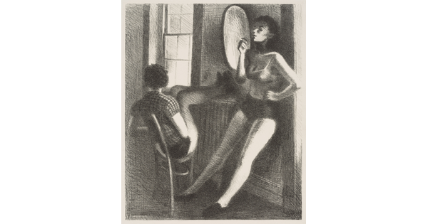 A black-and-white print of two White women: one standing and smoking a cigarette, the other on a chair with her feet propped on a radiator.