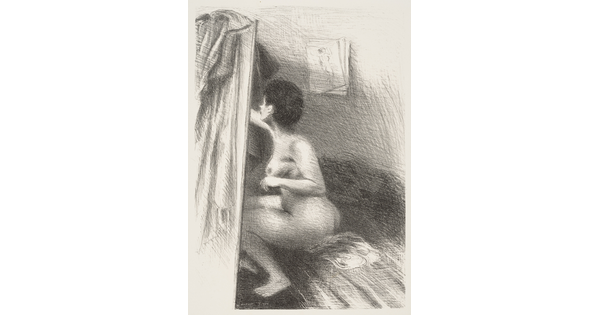 A black-and-white print of a seated nude White female, her back to the viewer, reaching toward a piece of fabric.