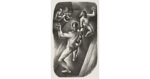 A black-and-white print of two people in fencing uniforms engaging each other with swords as two others watch.