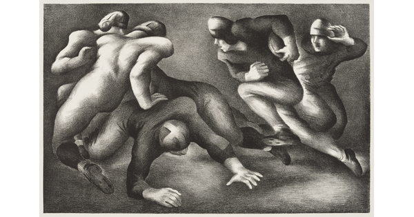 A black-and-white print of men in football uniforms running and tackling on an unmarked, unidentified field.