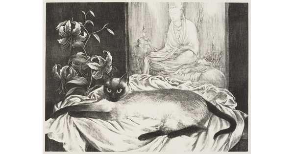 A black-and-white print of a Siamese cat reclining on a piece of fabric near lilies and an Asian artwork.