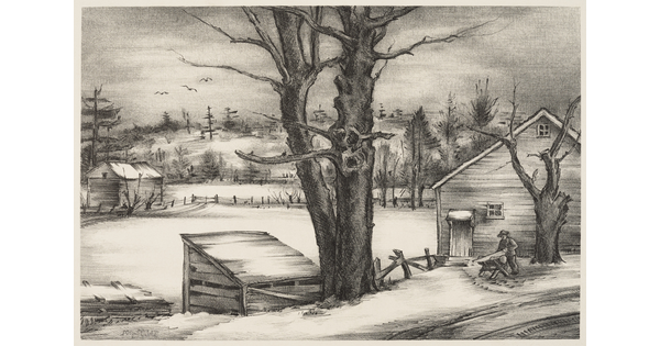 A black-and-white print of a man sawing wood next to a house on an open field, all covered in thick snow.