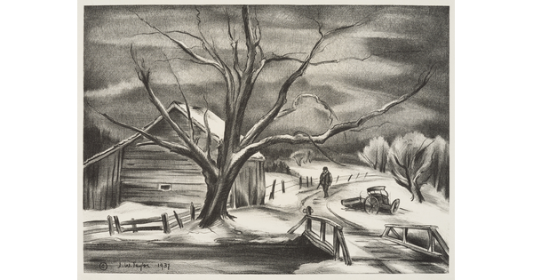 A black-and-white print of a person walking down a road past a wooden barn and a large, bare tree on a snowy, overcast day.