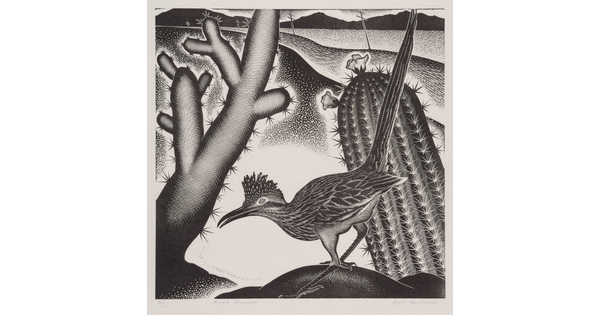 A black-and-white print of a roadrunner in front of cacti with powerlines and mountains in the distance.