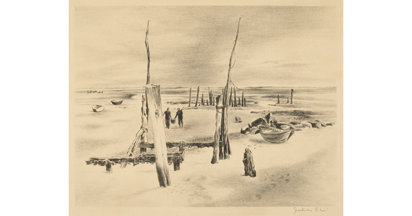 A black-and-white print of two people walking on a beach among several boats that are aground and wooden dock poles rising up through the sand.