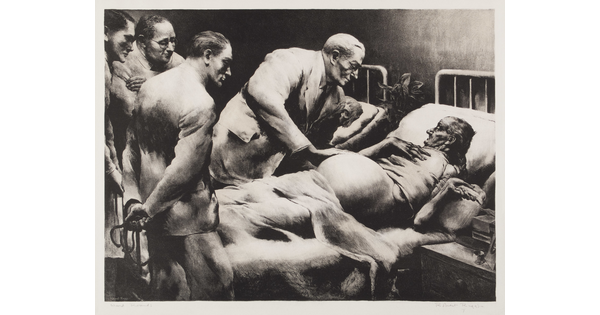 A black-and-white print of an older person lying in a hospital bed surrounded by four White male doctors dressed in suits.