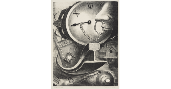 An abstract black-and-white print of a clock face, the hand chained to the septum of a nose, surrounded by a lantern, train, and birdhouse.